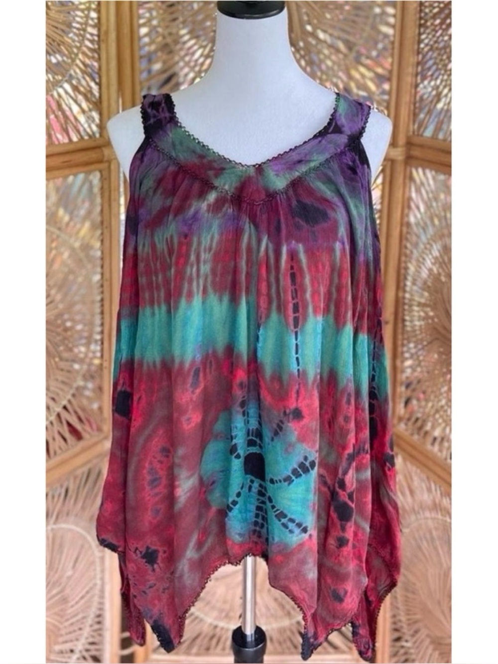 Tie Dye Hippie Boho Multicolored Purple Green Red Black Tunic Tank Blouse OS